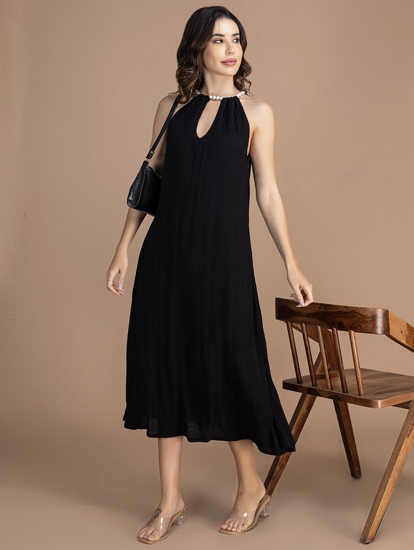 women solid halter neck sleeveless a-line dress - 21748925 -  Standard Image - 1