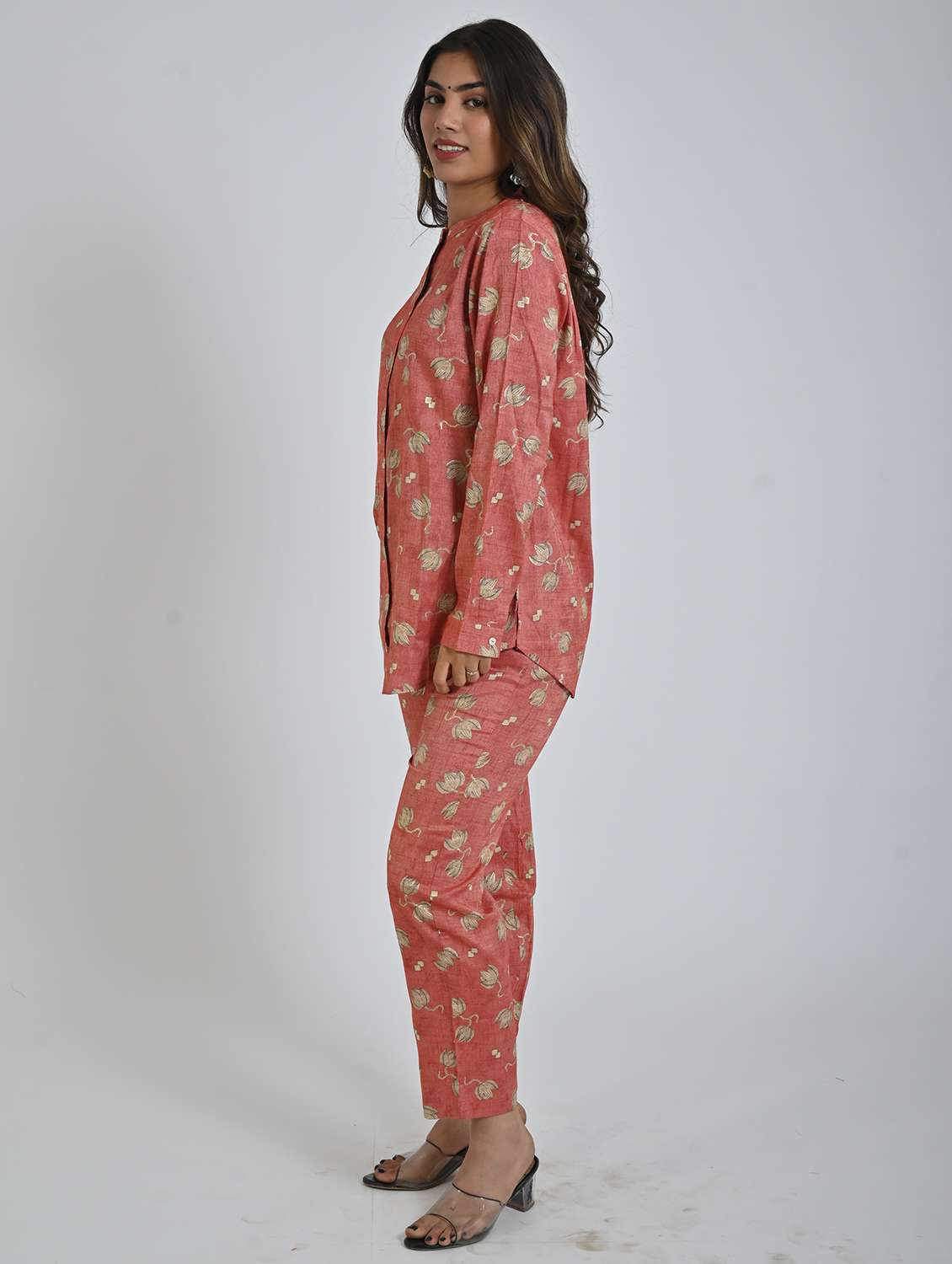women coral floral printed long sleeve co-ord set - 21748934 -  Standard Image - 1