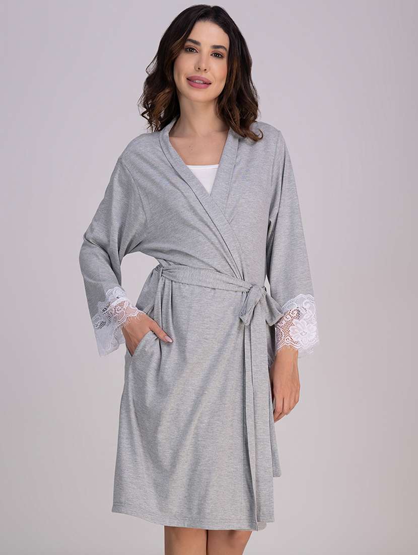 women solid lace detailed sleepwear robe - 21749545 -  Standard Image - 4