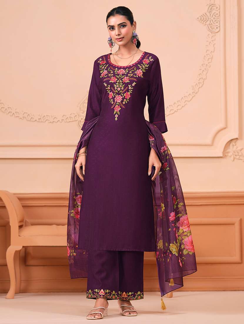 women three quarter sleeve kurta palazzo with dupatta set