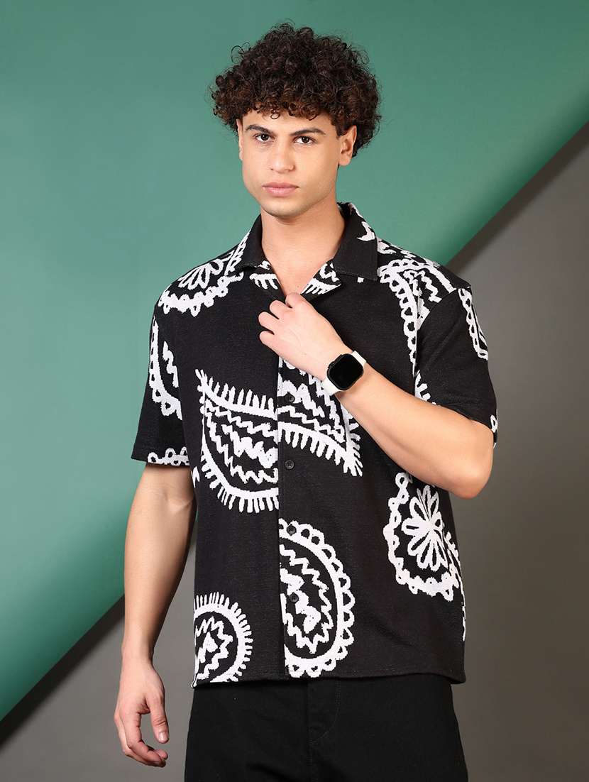 men printed short sleeve loose fit casual shirt