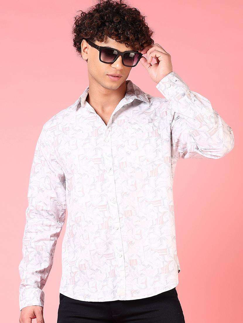 men printed collared long sleeves casual shirt