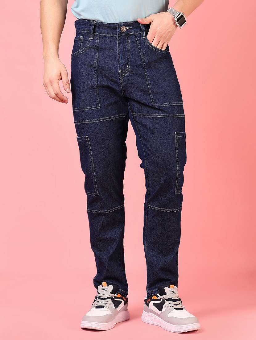men mid rise solid denim cargo