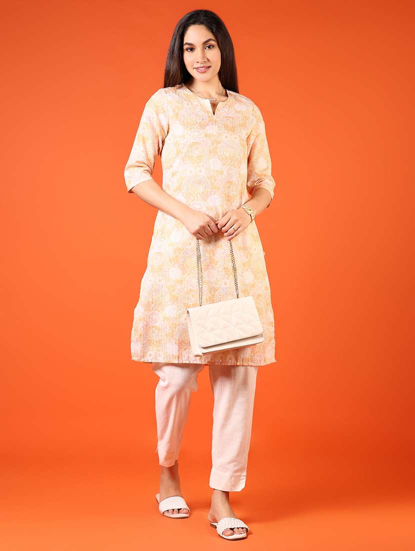 women peach three quarter sleeve straight kurta - 21749969 -  Standard Image - 4