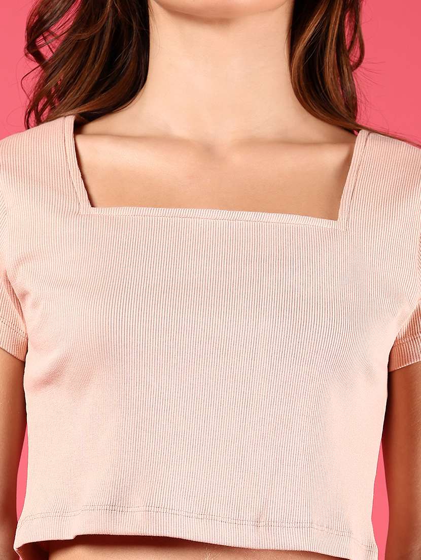 women beige solid sqaure neck crop top - 21750047 -  Standard Image - 4