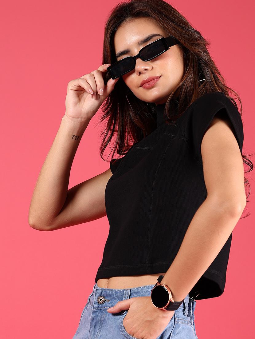 women black solid mock neck crop top - 21750048 -  Zoom Image - 0
