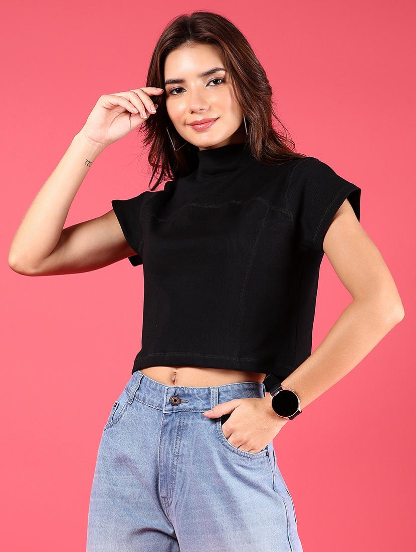 women black solid mock neck crop top - 21750048 -  Standard Image - 1