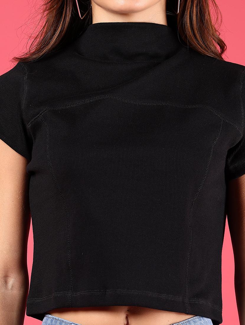 women black solid mock neck crop top - 21750048 - Standard Image - 4