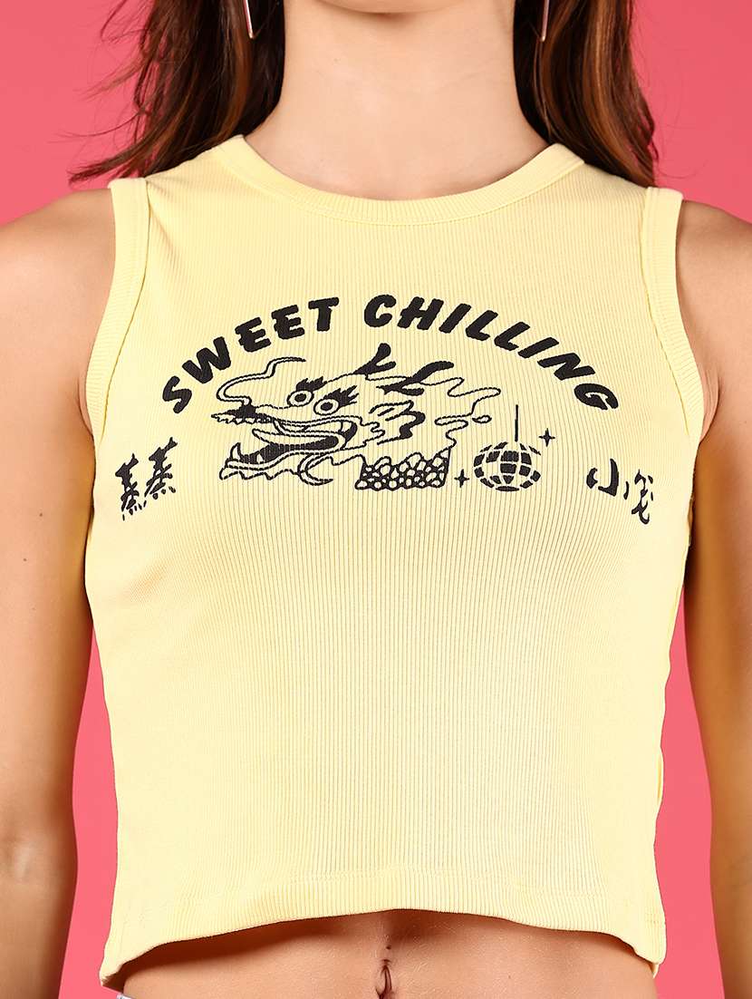 women yellow printed round neck crop top - 21750059 -  Standard Image - 4