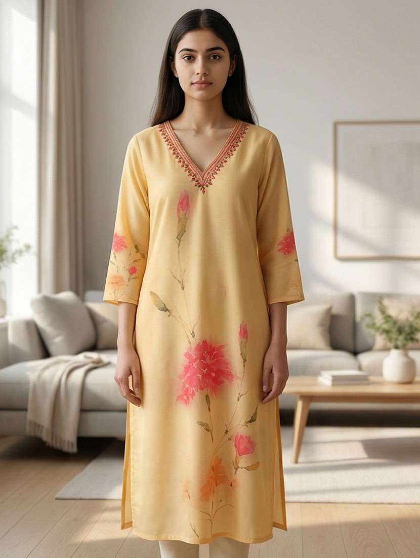 women floral three quarter sleeve a-line kurta  - 21750092 -  Standard Image - 1