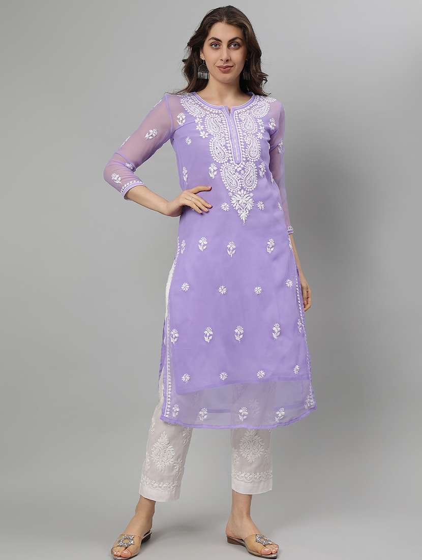 women three quarter sleeve straight chikankari kurta - 21750151 -  Standard Image - 1