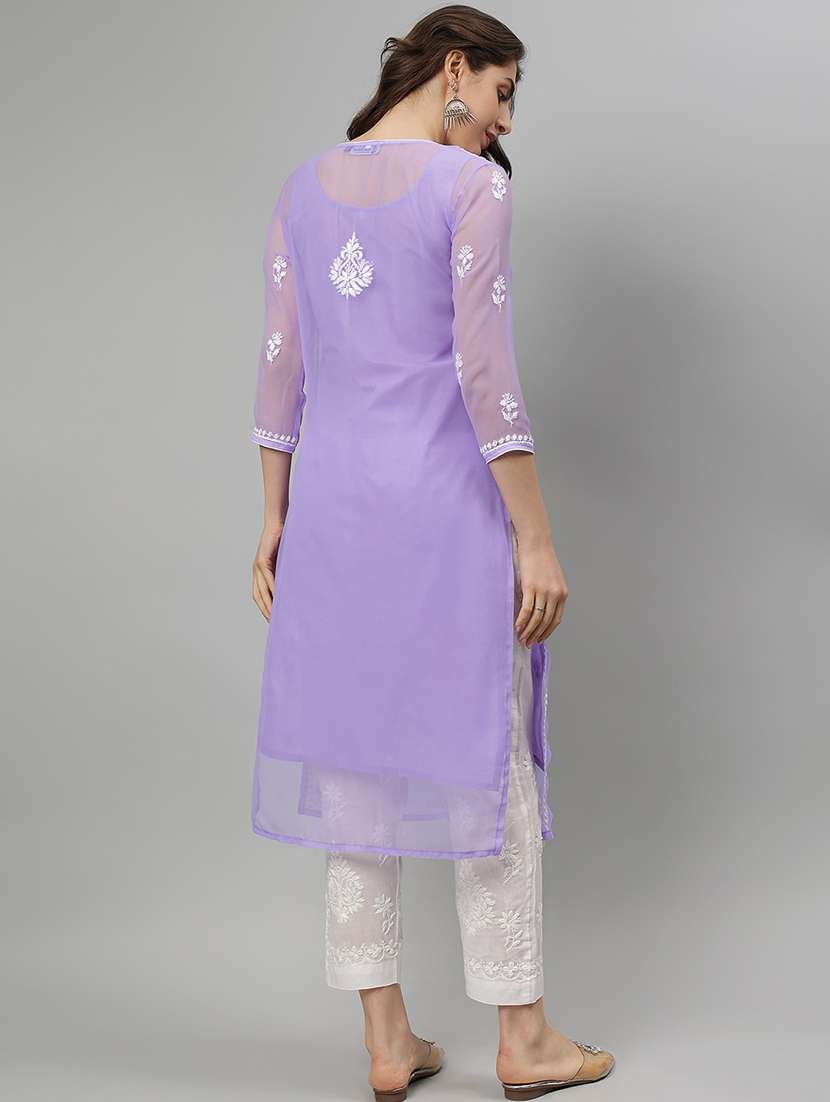 women three quarter sleeve straight chikankari kurta - 21750151 -  Standard Image - 4