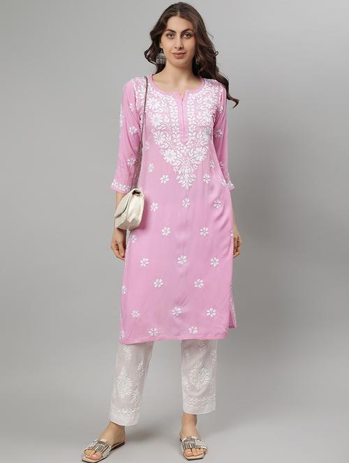 women three quarter sleeve straight chikankari kurta - 21750153 -  Standard Image - 0