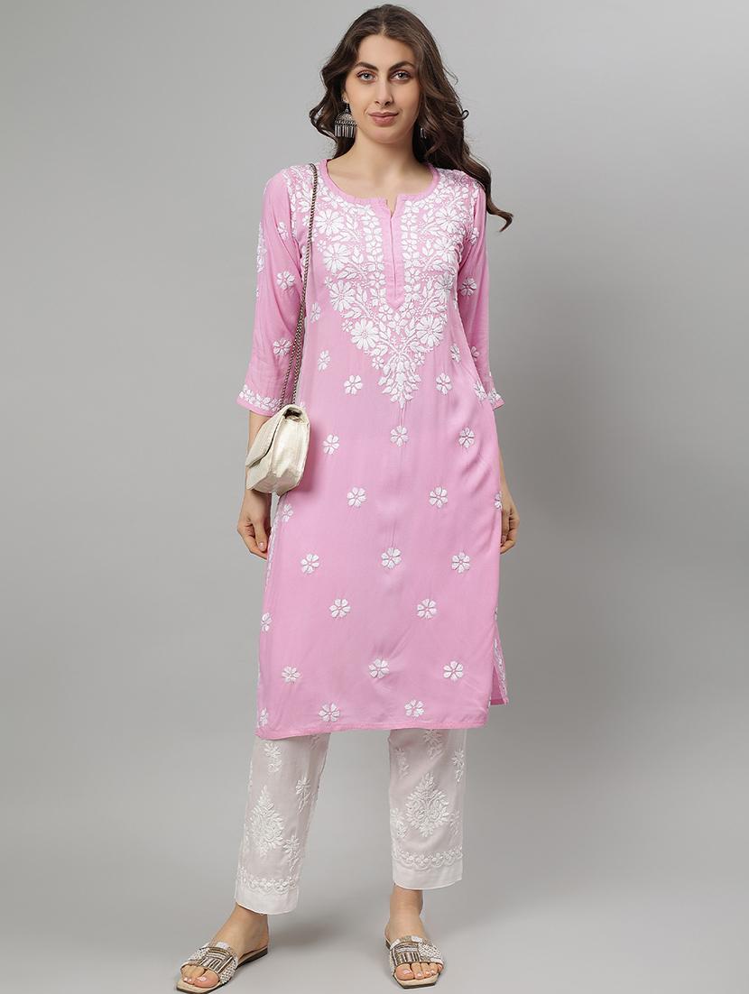 women three quarter sleeve straight chikankari kurta - 21750153 -  Zoom Image - 0