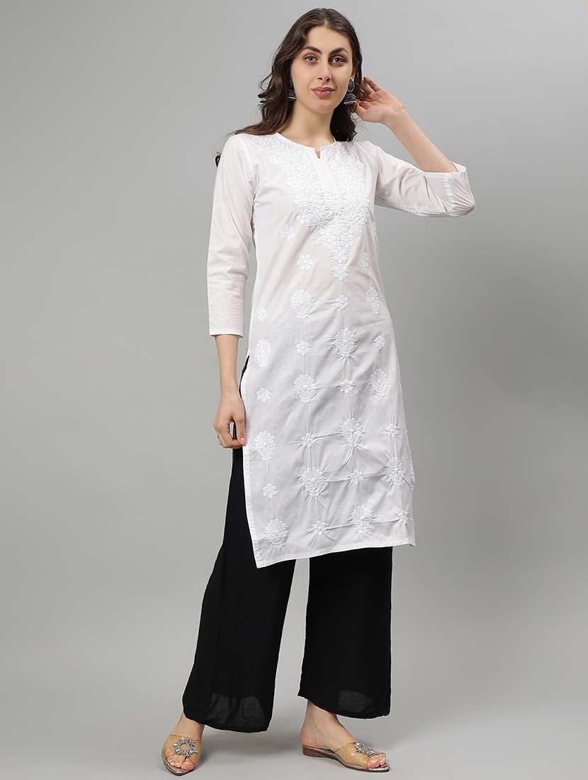 women three quarter sleeve straight chikankari kurta - 21750154 -  Standard Image - 1