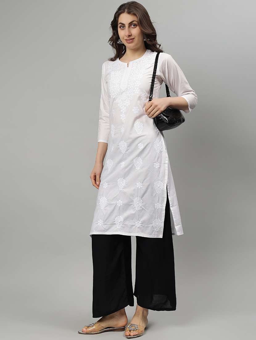 women three quarter sleeve straight chikankari kurta - 21750154 -  Standard Image - 4