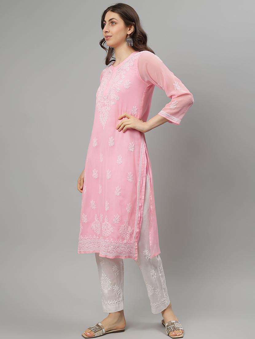 women three quarter sleeve straight chikankari kurta - 21750155 -  Standard Image - 1