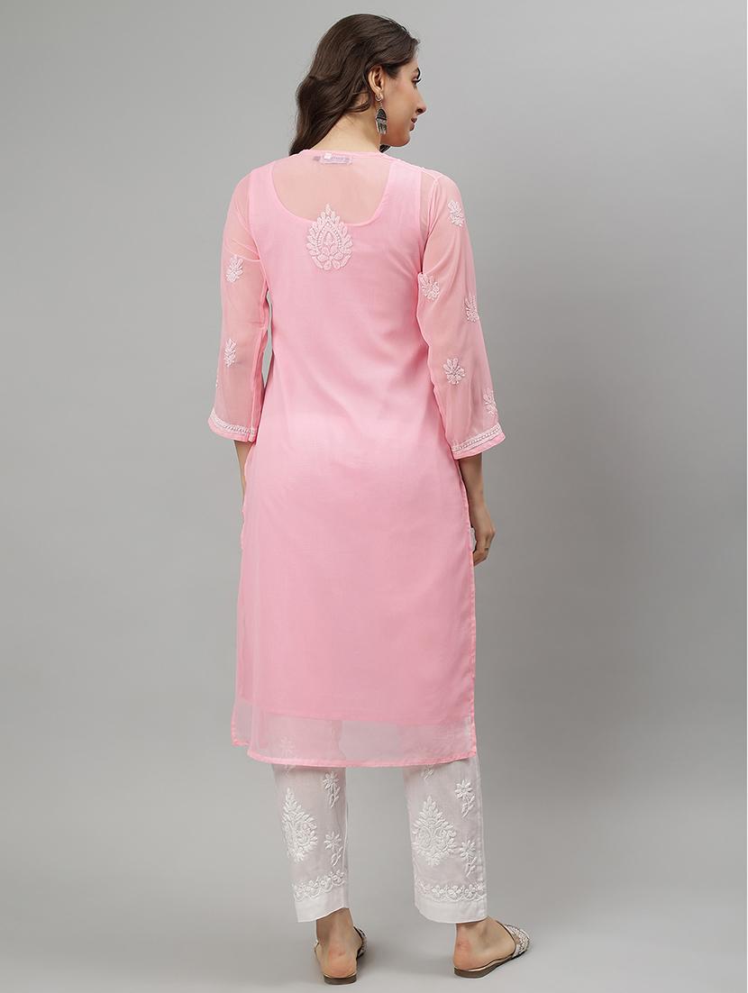 women three quarter sleeve straight chikankari kurta - 21750155 - Standard Image - 4