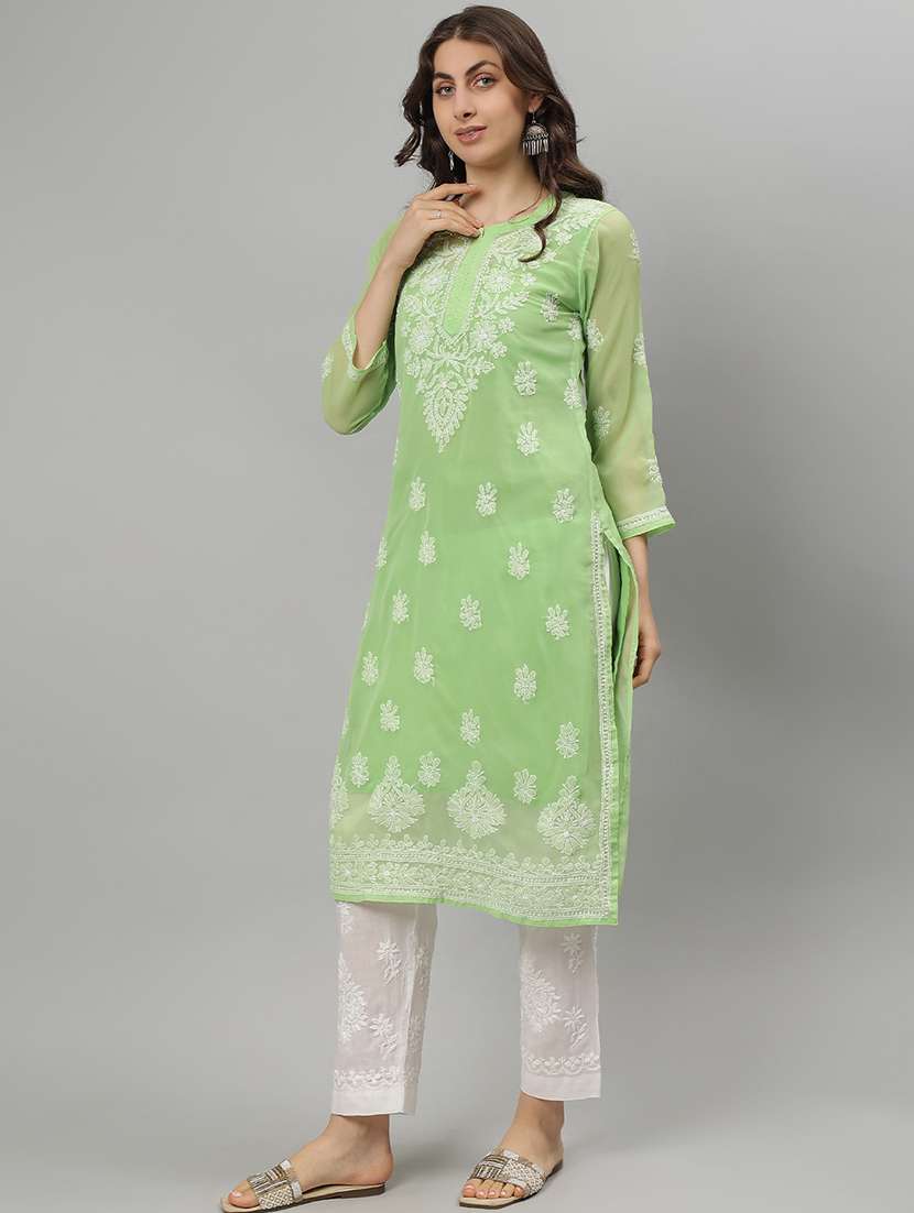 women three quarter sleeve straight chikankari kurta - 21750156 -  Standard Image - 1