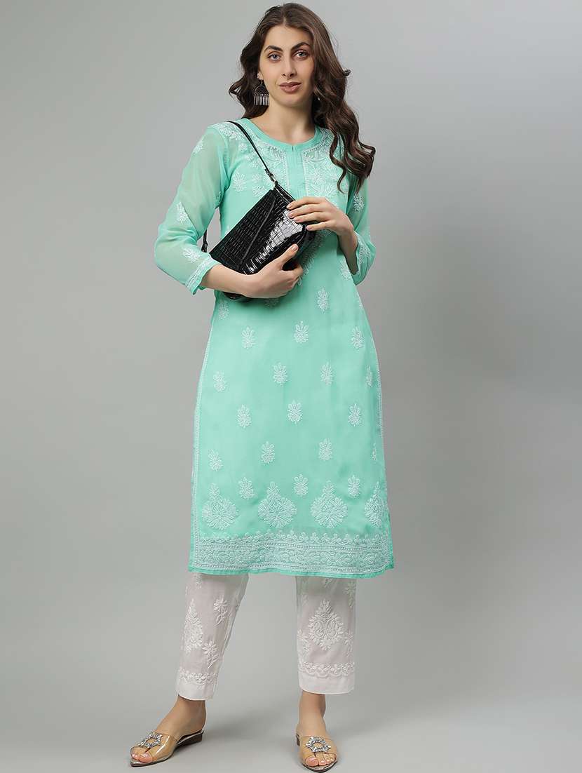 women three quarter sleeve straight chikankari kurta