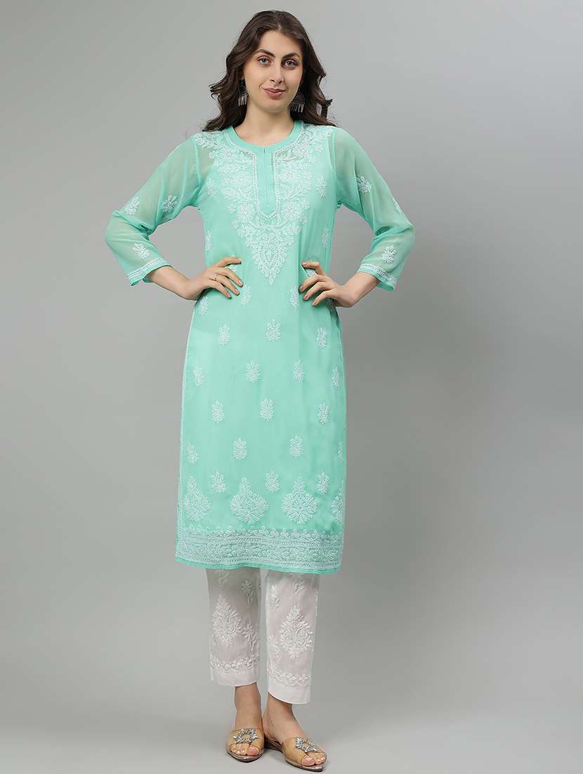 women three quarter sleeve straight chikankari kurta - 21750157 -  Standard Image - 1