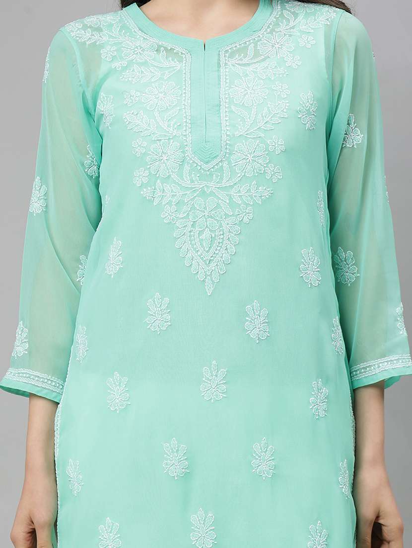 women three quarter sleeve straight chikankari kurta - 21750157 - Standard Image - 6