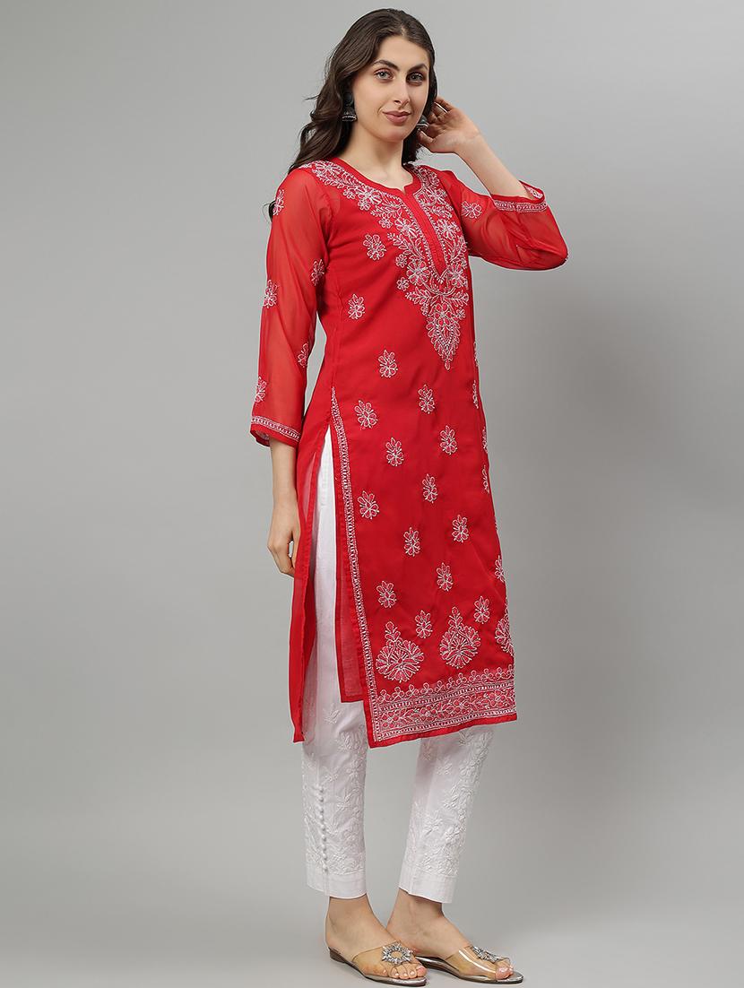 women three quarter sleeve straight chikankari kurta - 21750159 -  Standard Image - 1