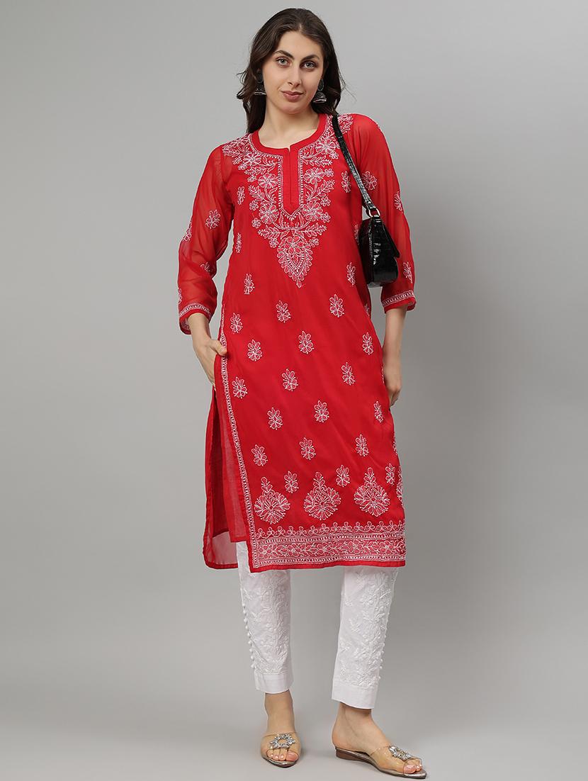 women three quarter sleeve straight chikankari kurta - 21750159 - Standard Image - 4