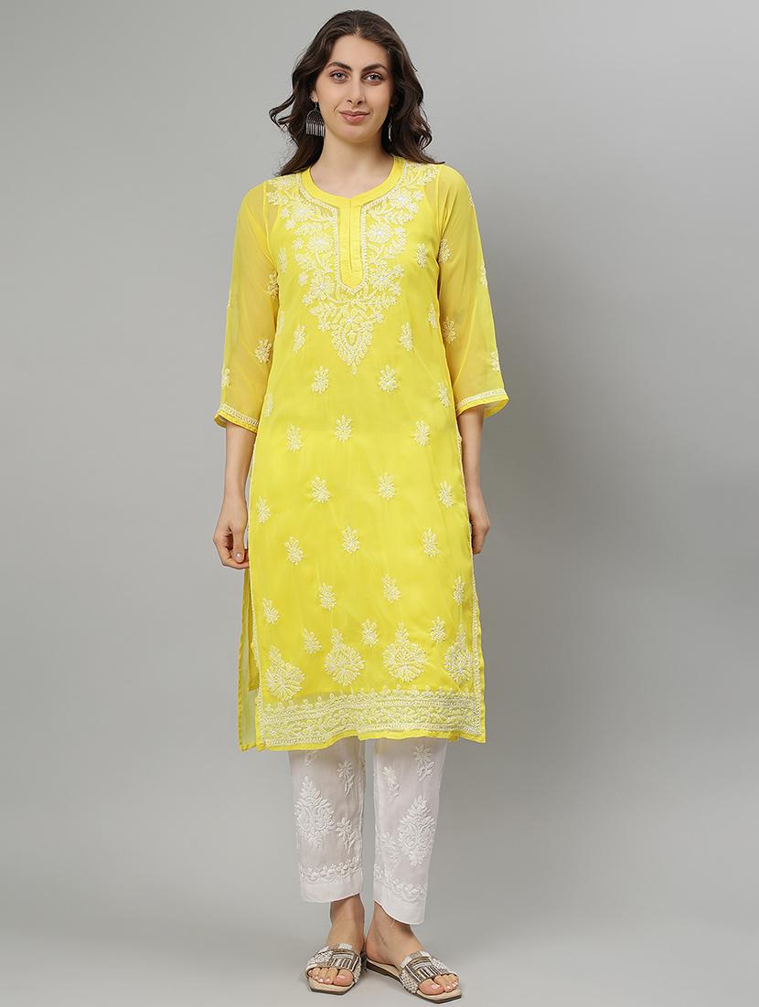 women three quarter sleeve straight chikankari kurta - 21750160 -  Zoom Image - 0
