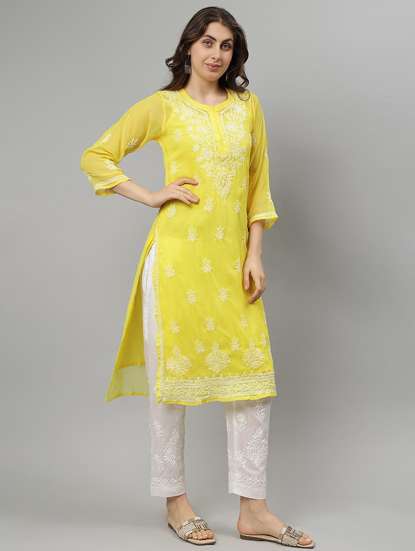 women three quarter sleeve straight chikankari kurta - 21750160 -  Standard Image - 1