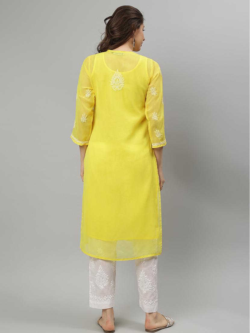women three quarter sleeve straight chikankari kurta - 21750160 - Standard Image - 4