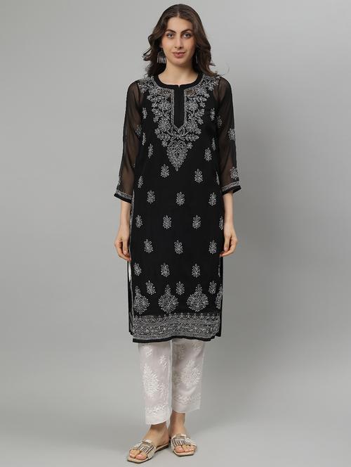 women three quarter sleeve straight chikankari kurta - 21750161 - Standard Image - 0