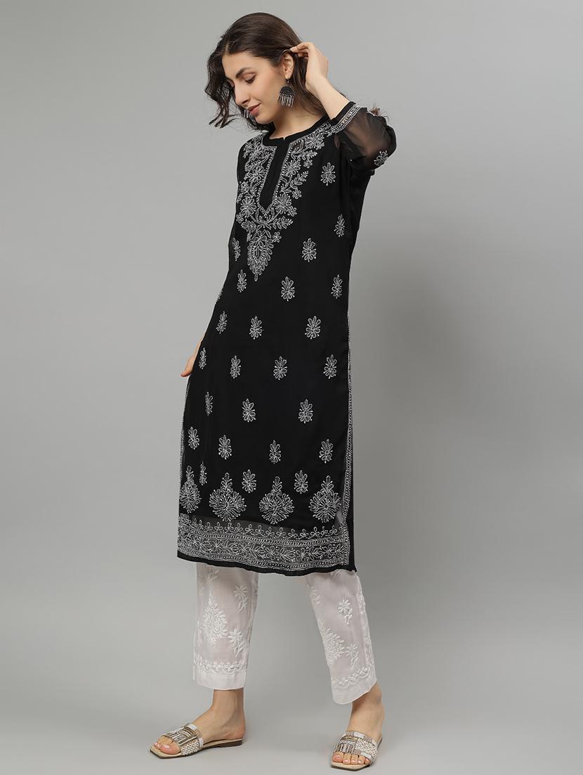 women three quarter sleeve straight chikankari kurta - 21750161 - Standard Image - 1
