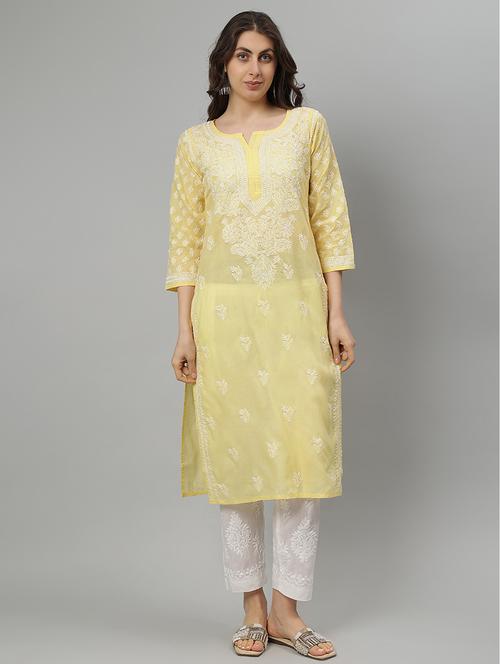 women three quarter sleeve straight chikankari kurta - 21750162 -  Standard Image - 0