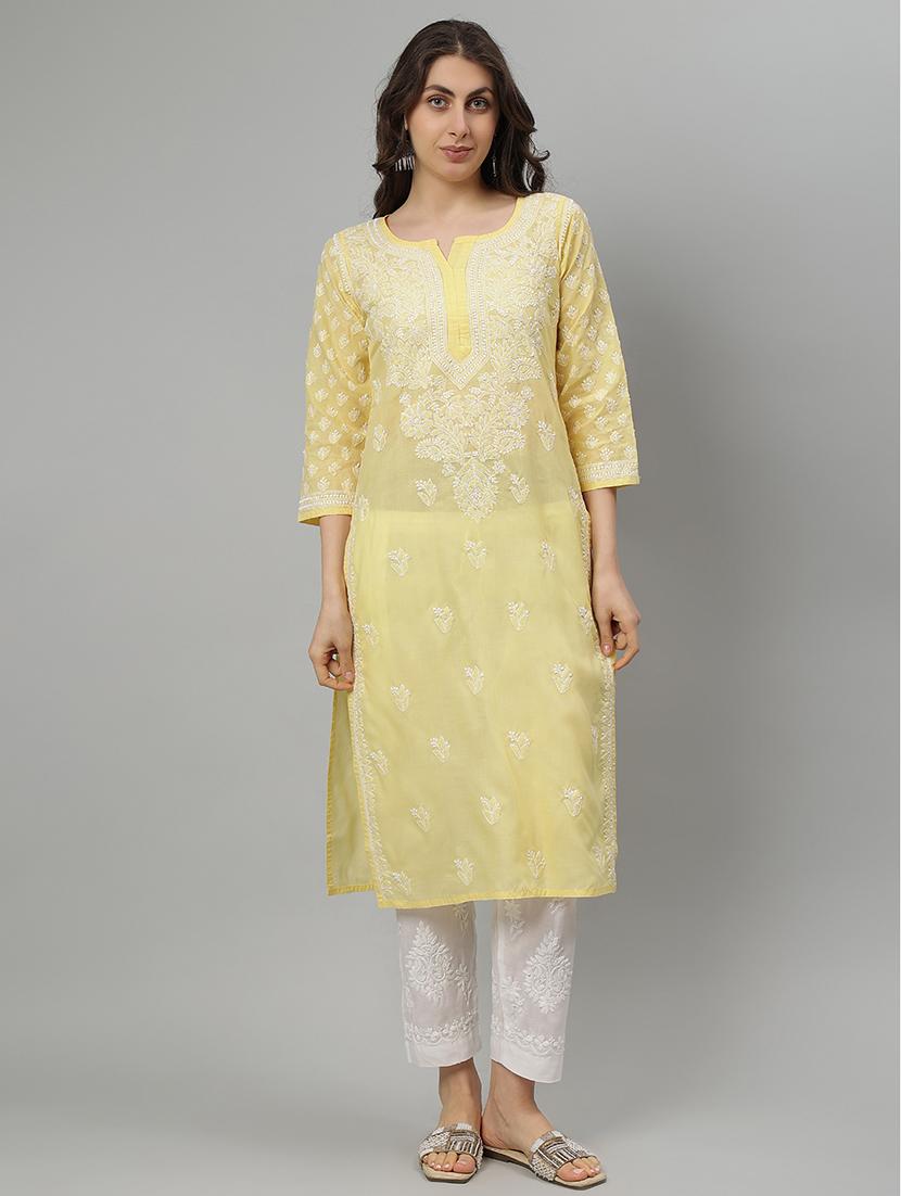 women three quarter sleeve straight chikankari kurta - 21750162 -  Zoom Image - 0