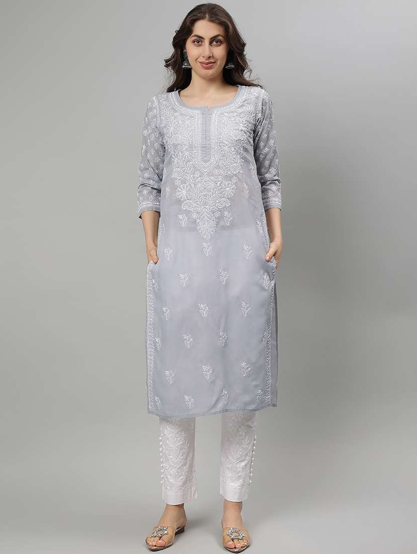 women three quarter sleeve straight chikankari kurta - 21750166 - Zoom Image - 0