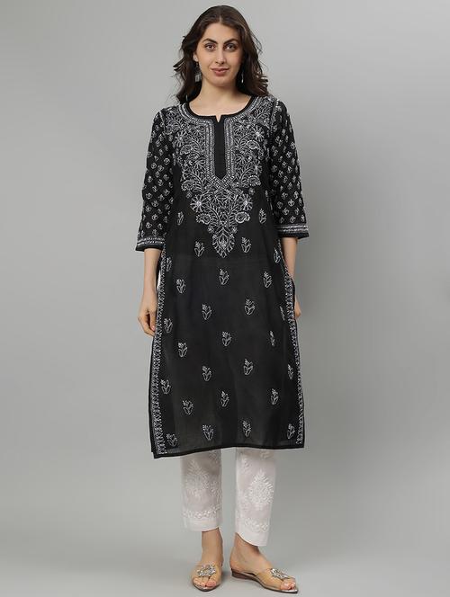women three quarter sleeve straight chikankari kurta - 21750167 -  Standard Image - 0