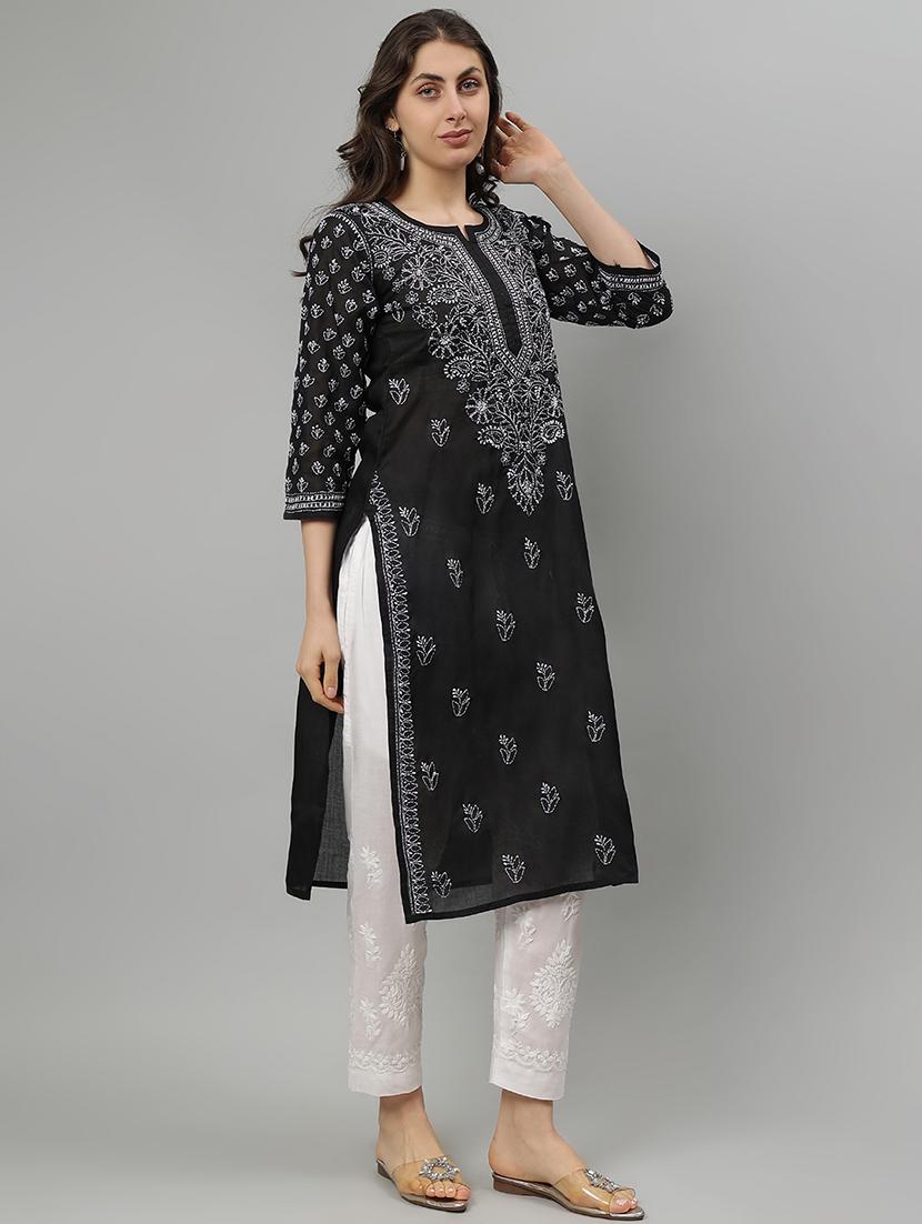 women three quarter sleeve straight chikankari kurta - 21750167 -  Standard Image - 1