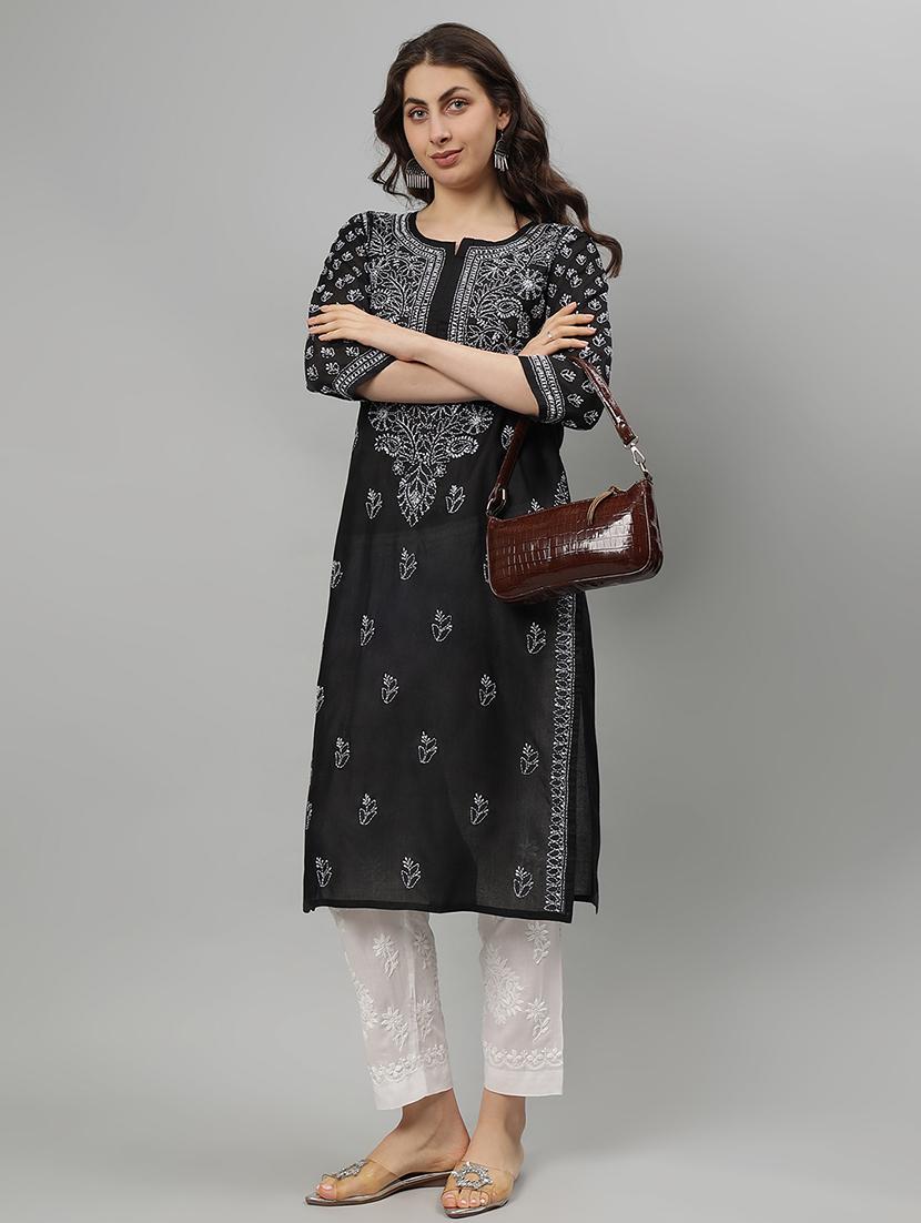 women three quarter sleeve straight chikankari kurta - 21750167 - Standard Image - 4