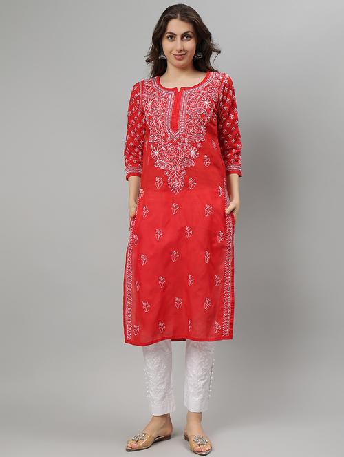 women three quarter sleeve straight chikankari kurta - 21750170 - Standard Image - 0