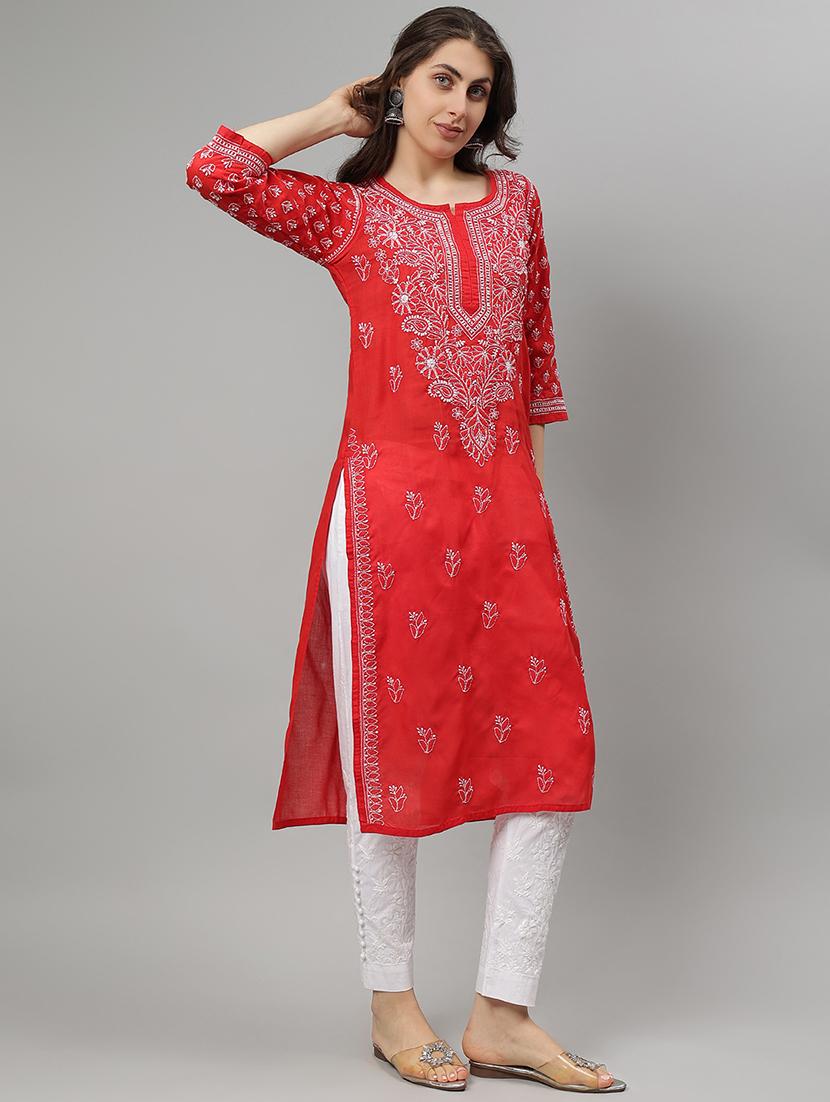 women three quarter sleeve straight chikankari kurta - 21750170 - Standard Image - 1