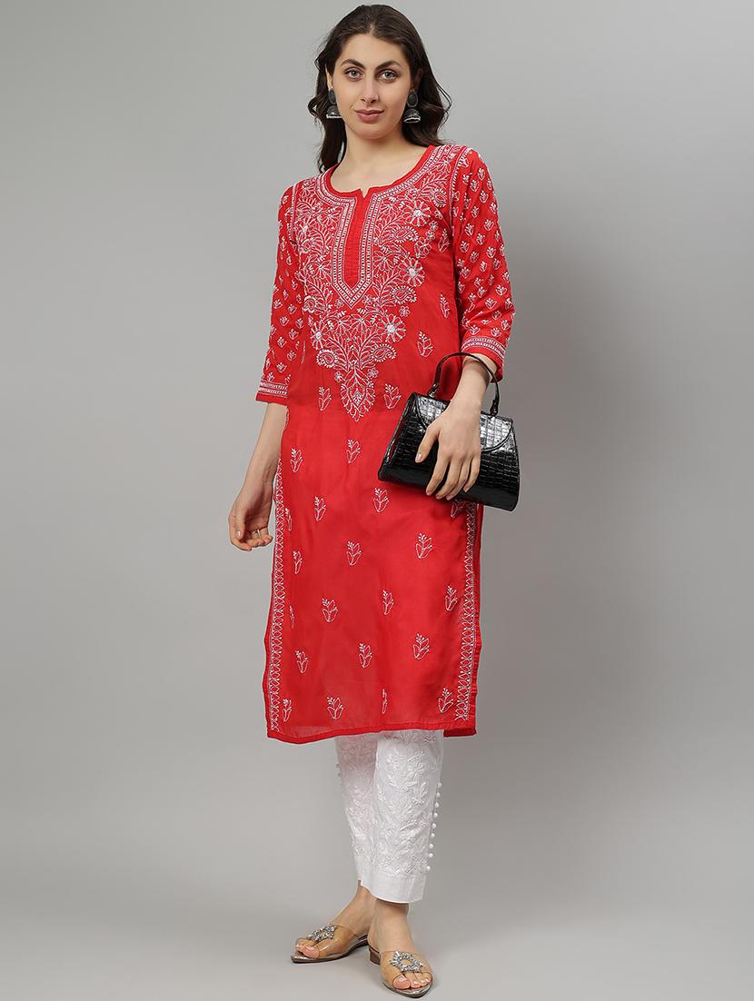 women three quarter sleeve straight chikankari kurta - 21750170 - Standard Image - 4