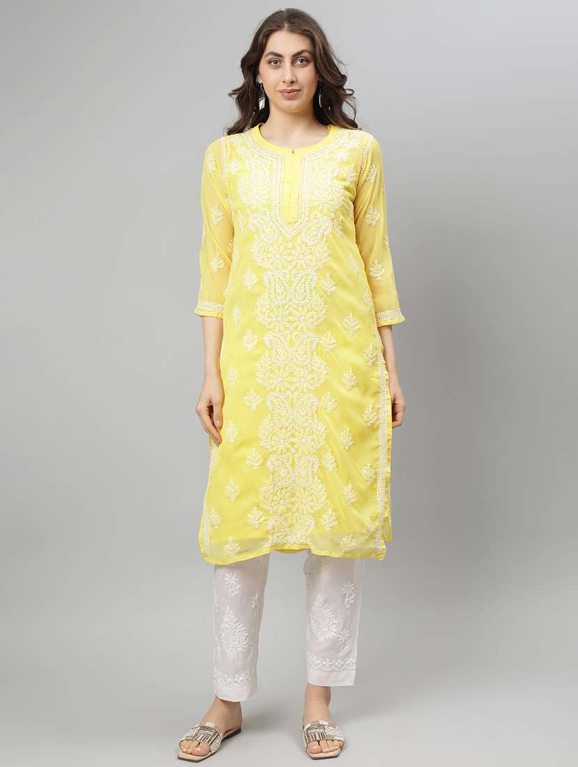 women three quarter sleeve straight chikankari kurta - 21750172 -  Zoom Image - 0