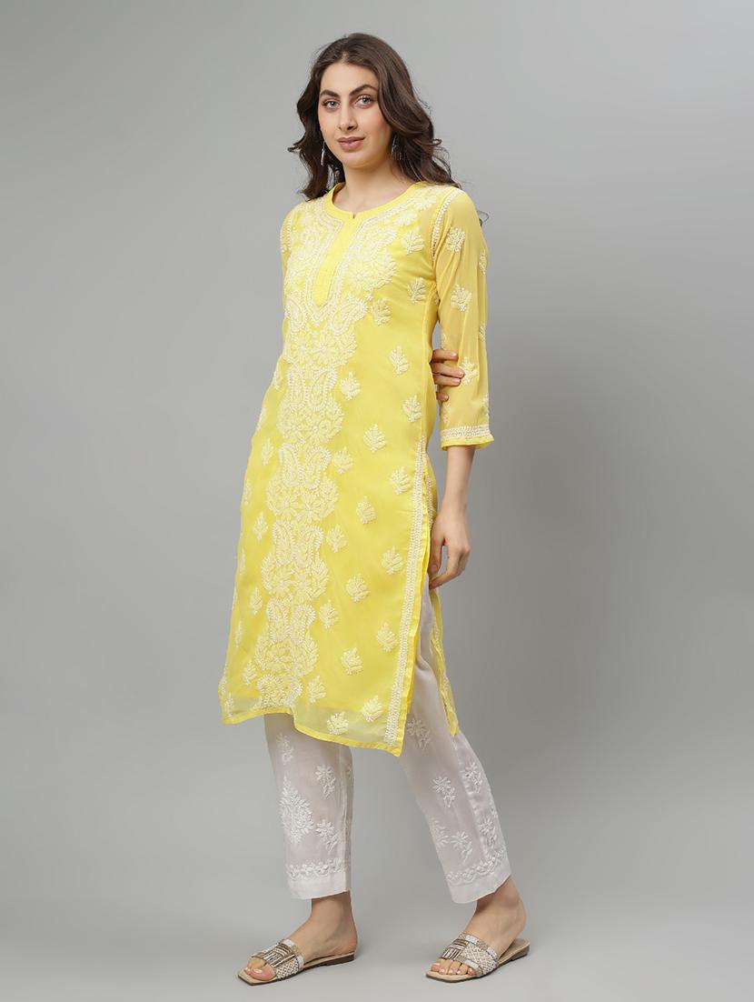 women three quarter sleeve straight chikankari kurta - 21750172 -  Standard Image - 1