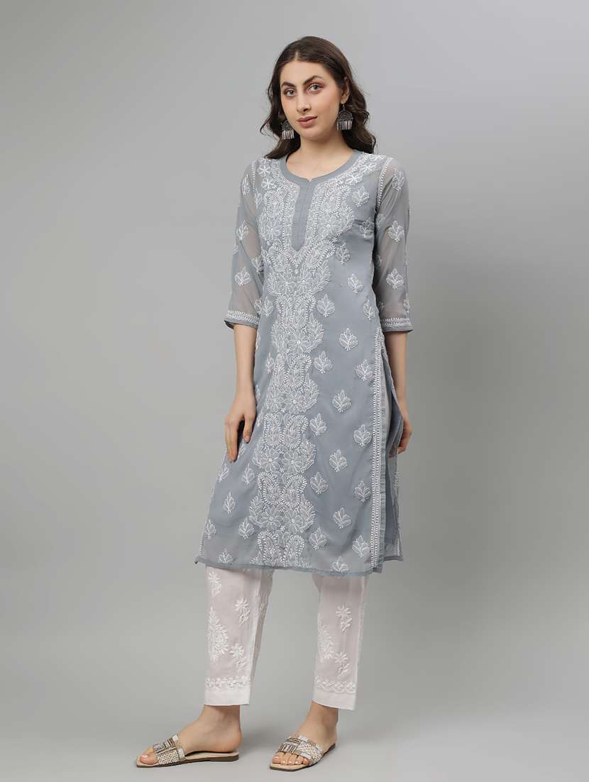 women three quarter sleeve straight chikankari kurta - 21750173 - Standard Image - 1