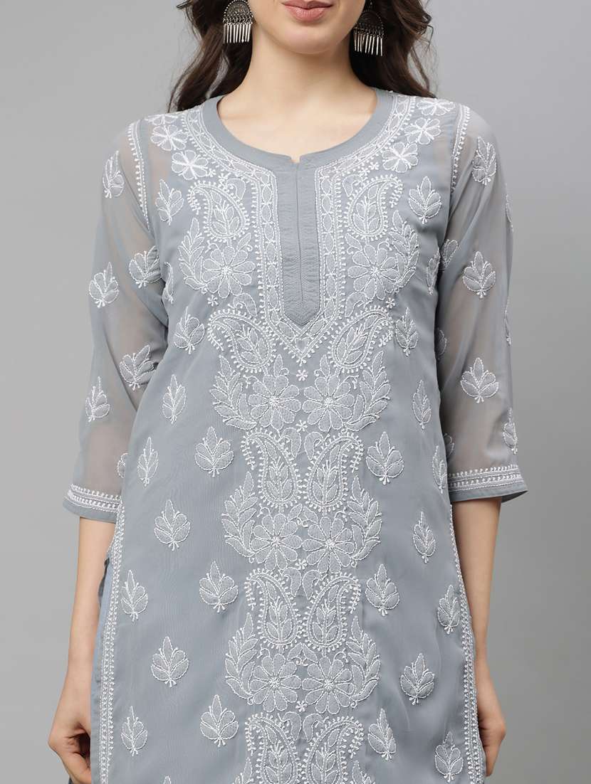 women three quarter sleeve straight chikankari kurta - 21750173 - Standard Image - 6