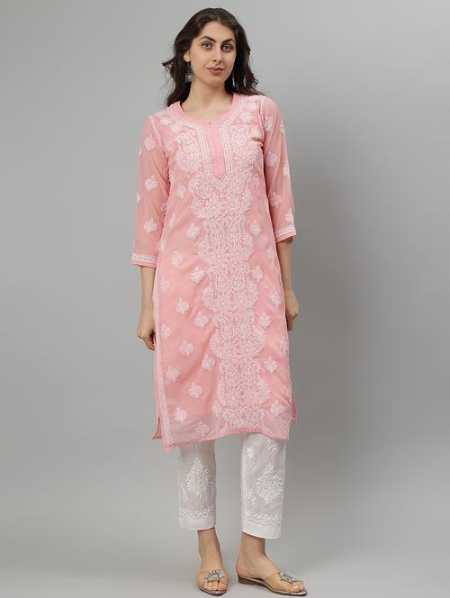 women three quarter sleeve straight chikankari kurta - 21750174 - Standard Image - 0