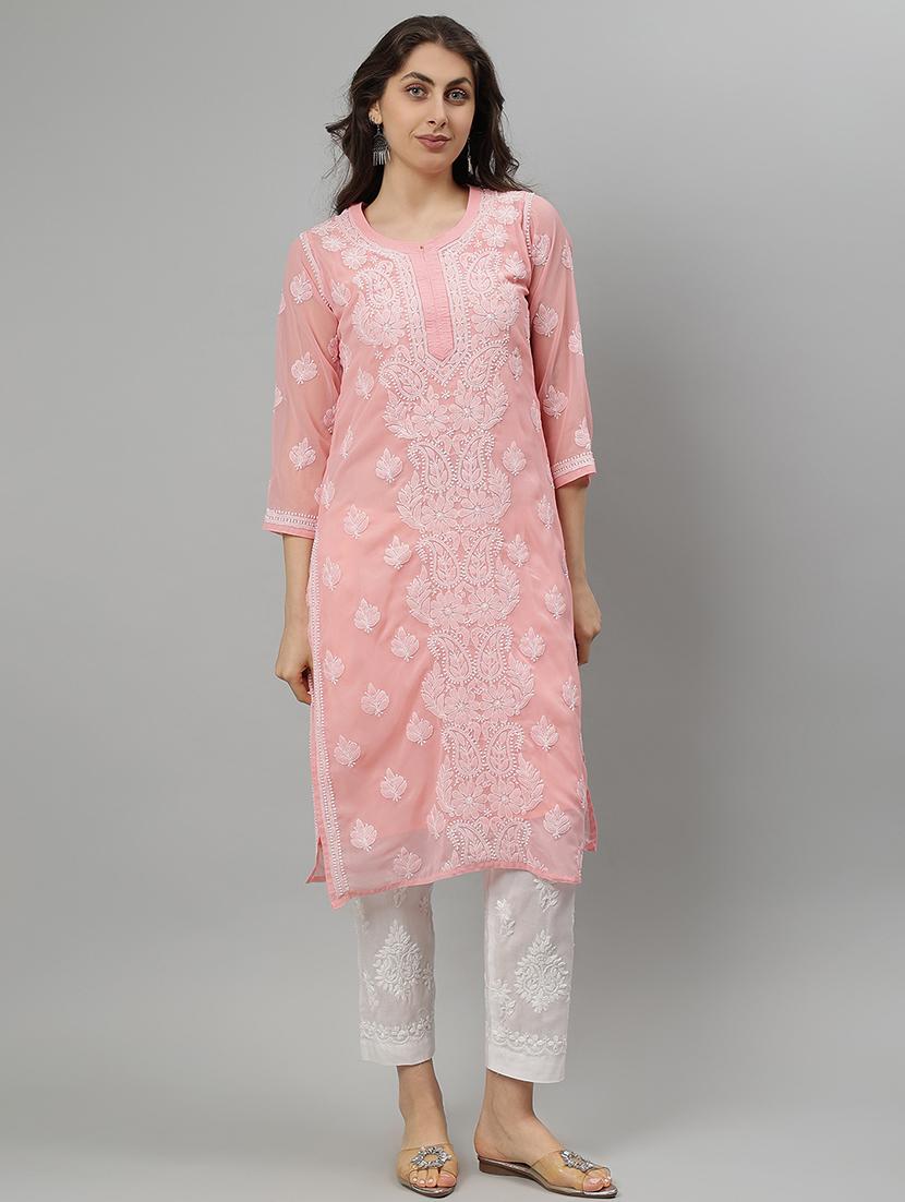 women three quarter sleeve straight chikankari kurta - 21750174 - Zoom Image - 0
