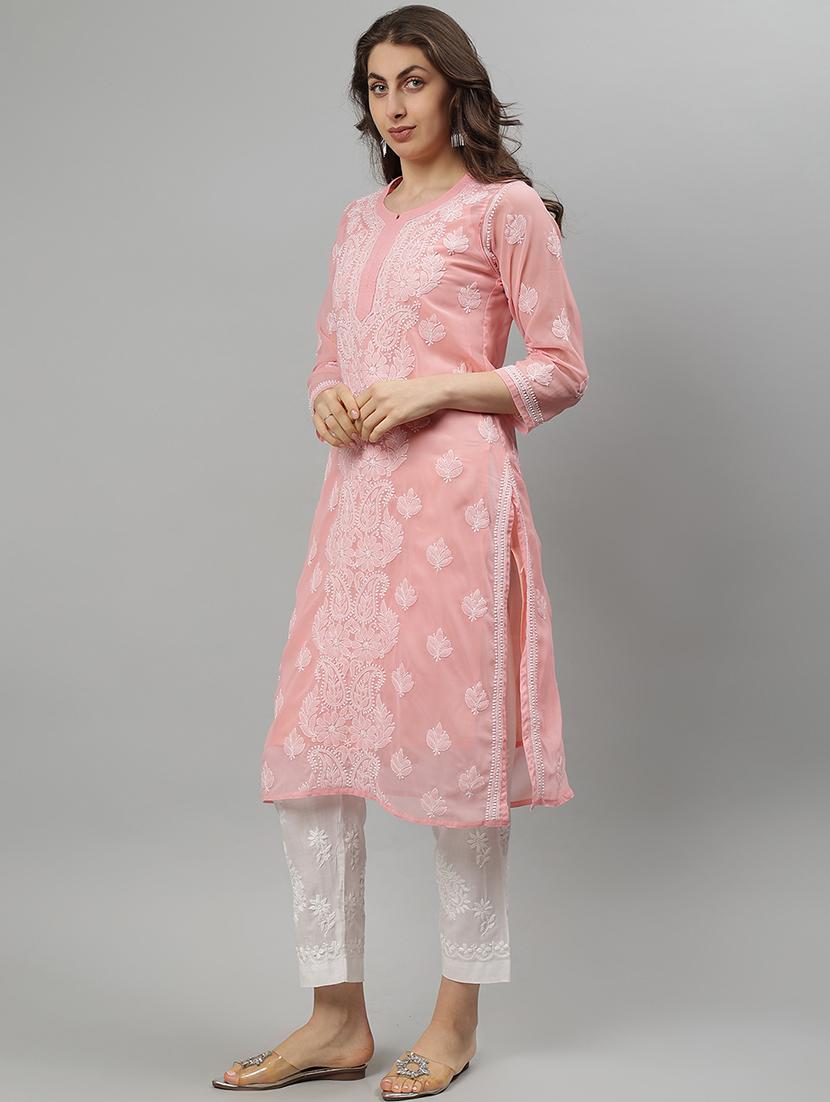 women three quarter sleeve straight chikankari kurta - 21750174 - Standard Image - 1