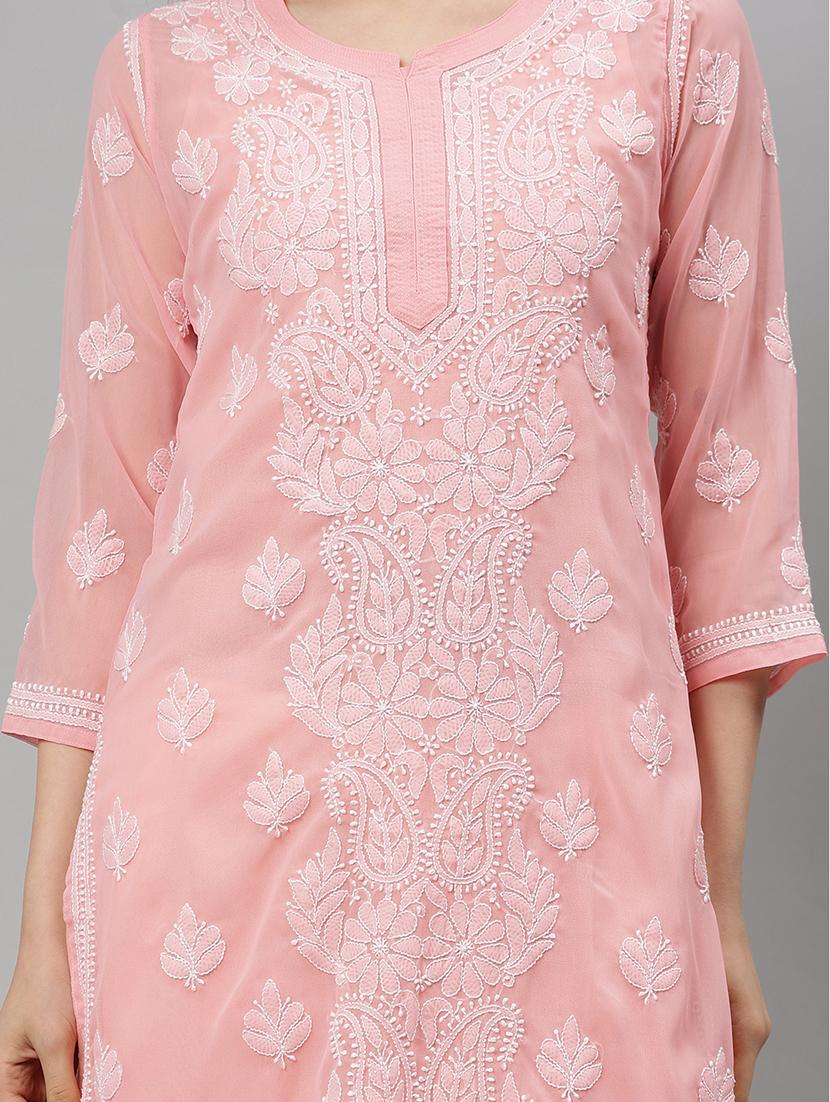 women three quarter sleeve straight chikankari kurta - 21750174 - Standard Image - 6